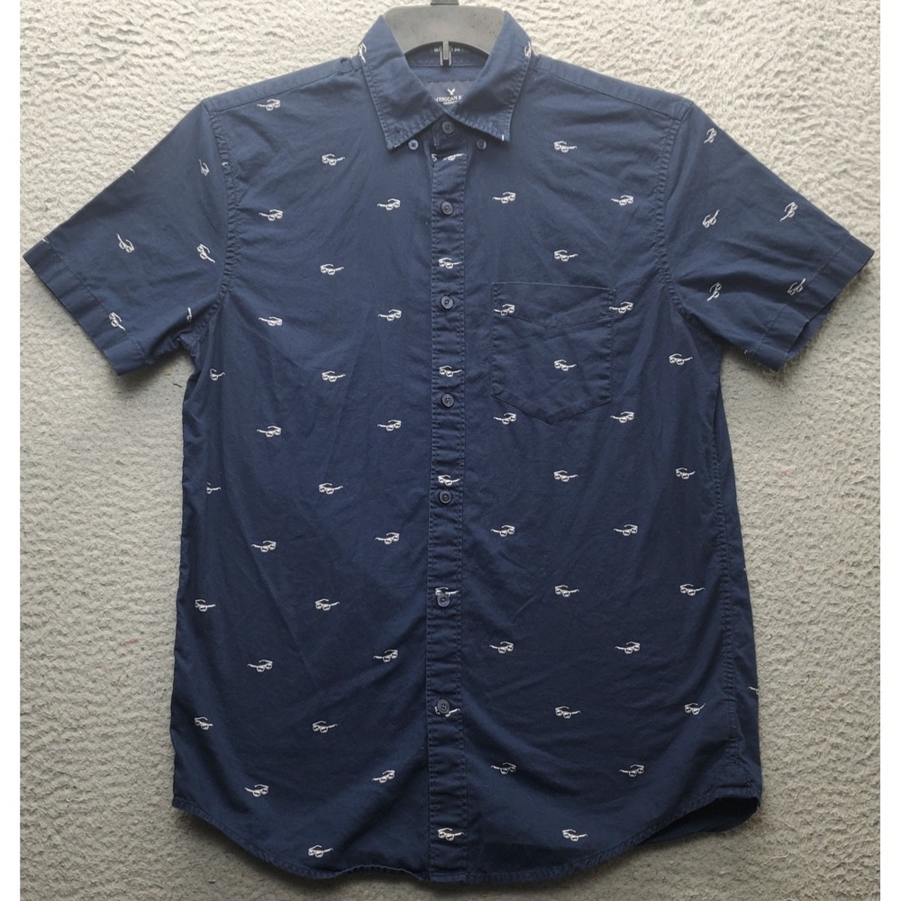 American Eagle Button-Down Shirt Men's S Navy Shade Glasses Print Seriously Soft